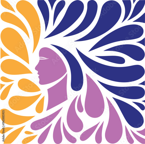 Abstract profile of a woman's face surrounded by colorful flowing teardrop and leaf shapes.