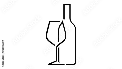 Minimalist Vector Illustration of a Wine Bottle and Glass in Elegant Black Line Art Style, Modern Flat Icon for Winery, Restaurant, Bar, or Tasting Event Branding and Menu Design Elements.