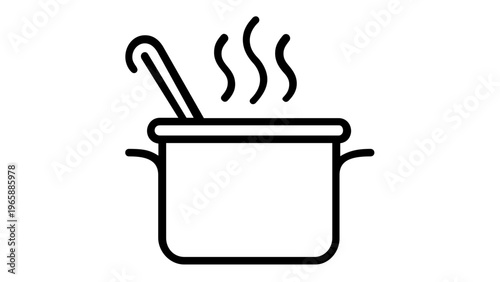 Minimalist vector icon illustration of a steaming hot cooking pot with a ladle inside, perfect for culinary designs, soup preparation, kitchen equipment, and home cooking themes in flat line art.
