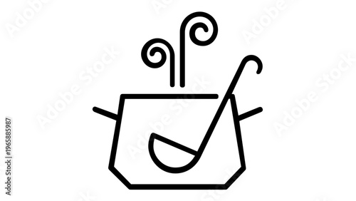 Minimalist vector icon illustration of a steaming cooking pot with a ladle inside, ideal for food, kitchen, and culinary branding, flat line art design, scalable AI-generated graphic element.