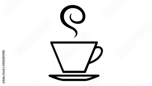 Minimalist black and white vector icon illustration of a steaming coffee cup with a decorative swirl of steam, ideal for cafe branding, beverage menus, and modern graphic design web elements.