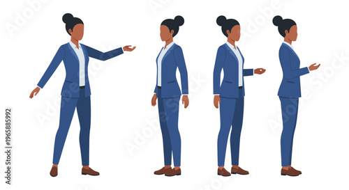 Black businesswoman character poses in blue suit on white background