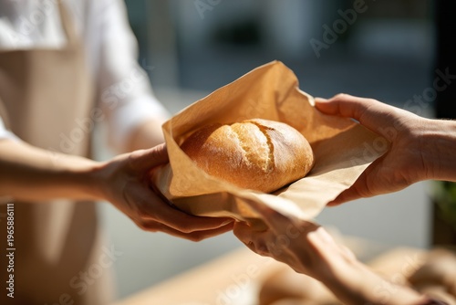 a person's hand is giving out a neatly packed food bag as if from a bakery. Another pair of hands is reaching out to take the bag