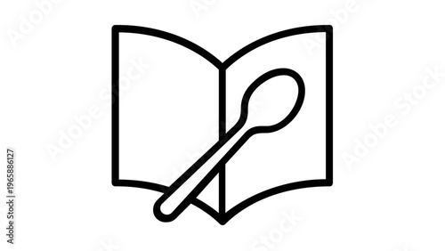 Minimalist vector illustration of an open cookbook with a spoon icon, perfect for recipe blogs, culinary apps, and food-related graphic design projects, featuring clean black line art.