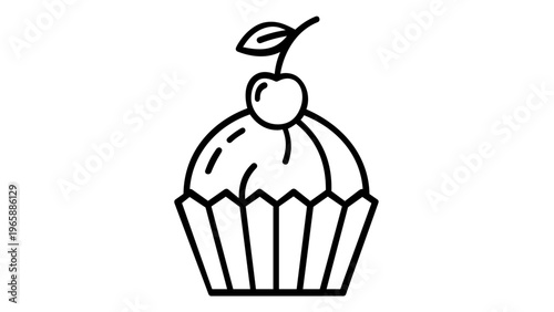 Minimalist black and white vector icon illustration of a delicious cupcake with a cherry on top, simple line art design for bakery, dessert, and food-related branding projects, AI-generated.