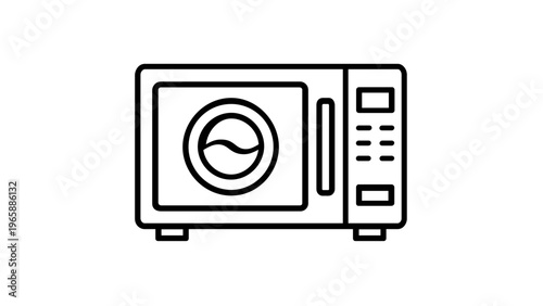 Minimalist black and white vector icon of a modern microwave oven appliance, featuring a sleek control panel and door handle. High-quality flat line art illustration for kitchen and cooking.