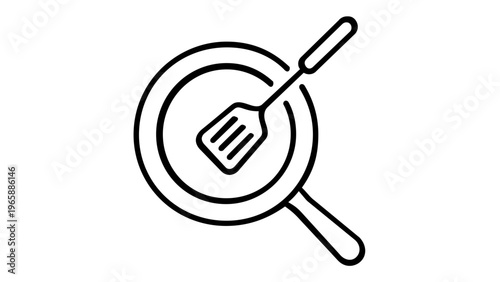 Minimalist black and white vector icon illustration of a frying pan with a spatula inside, ideal for cooking, kitchenware, culinary arts, restaurant branding, and food-related graphic design.