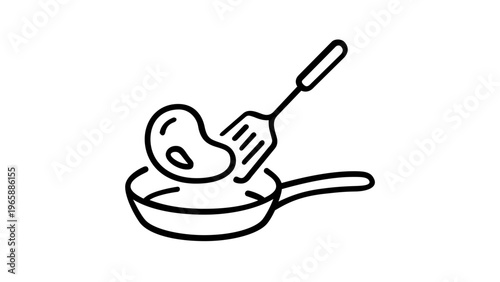 Minimalist vector illustration of a steak being flipped in a frying pan with a spatula, ideal for cooking, kitchen, and culinary design projects, scalable black and white line art icon AI-generated.