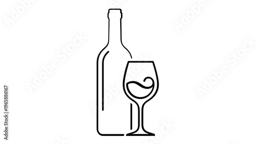 Minimalist black line art vector illustration of a wine bottle and a wine glass with swirling liquid, elegant flat icon for winery, restaurant, bar, or tasting event branding and design.