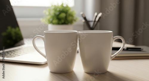 Paired White Cups Resting on a Neat Desk, Accompanied by a Laptop, Stationery, and a Vibrant Green Plant, Illuminated by Natural Light From a Window