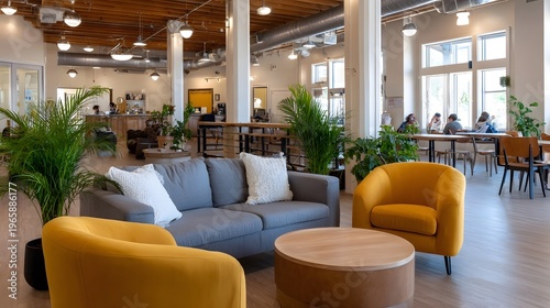 A modern vibrant co working space lounge area with comfortable seating lush plants and people working in the background bathed in natural light