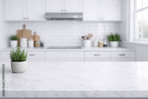 Minimalist kitchen interior with plant on marble counter. Ai generative