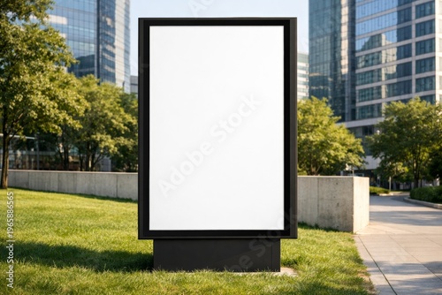 Blank Vertical Billboard Display Standing in a Contemporary Urban Park Featuring Vibrant Green Grass and Towering Glass Skyscrapers During a Bright Sunny Day