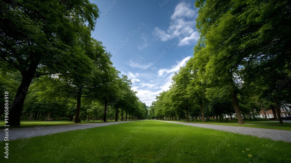 Obraz premium A scenic tree lined park avenue with lush green grass and a vibrant blue sky emphasizing perspective