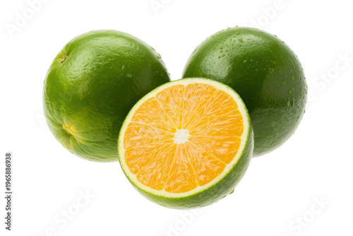 Three green oranges with one cut in half fruit isolated on a transparent background