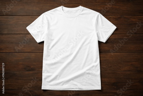 White Crew Neck T-Shirt Laying Flat on Dark Wooden Background Showing Clean Fabric Texture for Apparel Design or Blank Clothing Mockup at a Casual Setting