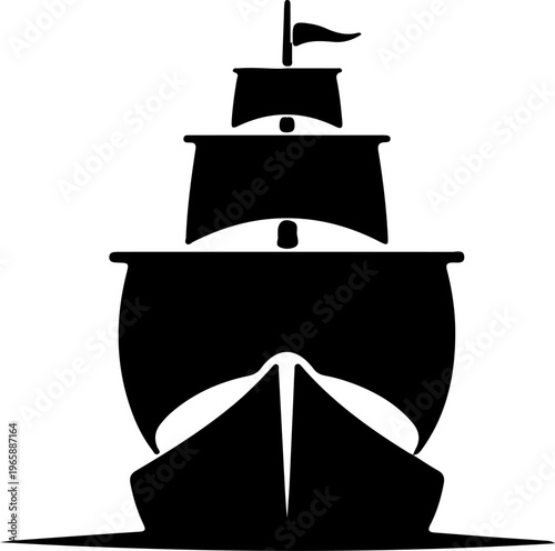 Silhouetted Front View of an Old Sailing Ship with Full Sails and Flag