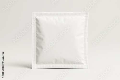 White Blank Sachet for Product Packaging Mockup Template Design Stands Upright on a Clean Light Background in a Professional Studio Setting Ready for Customization