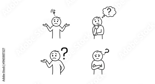 Confused Stick Figures Shrugging and Thinking with Question Marks, Isolated White Background