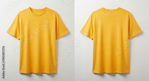 Plain Gold Colored Cotton T-Shirt With a Standard Crew Neck Design Presented From Both Front and Back Views Against a Light Neutral Wall for a Clear Merchandise Display in a Professional Studio
