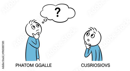 Two stick figures depicting curiosity and thought, one with a question mark thought bubble, on an isolated white background.