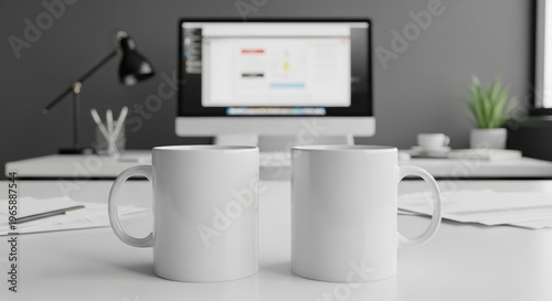 Pair of Blank White Ceramic Mugs Placed on a Pristine White Office Desk in a Contemporary Workspace With a Computer Monitor Displaying Software, a Lamp, and Green Plant in Background