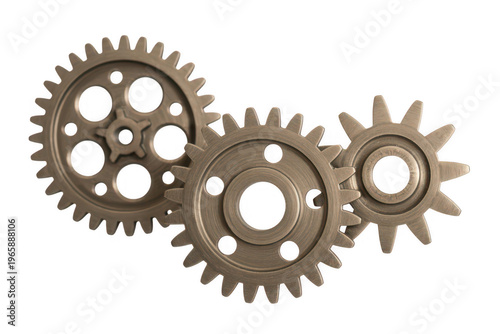 Three metal gears with various hole configurations industrial machinery isolated on a transparent background
