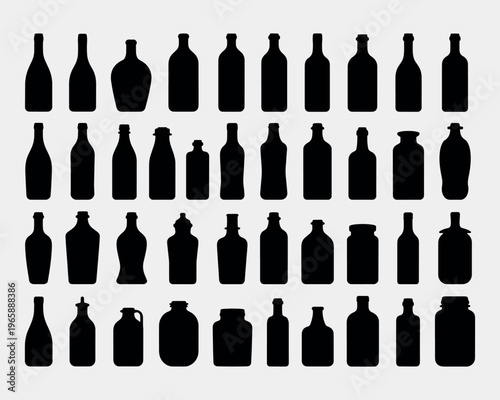 A comprehensive collection of wine bottles and alcohol silhouettes featuring vector illustrations of glass liquor containers, bar icons, and beverage shapes for restaurant drink menu design