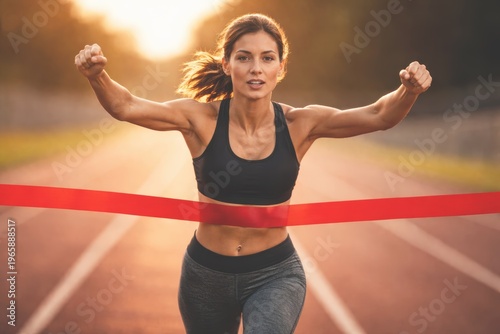Athletic woman breaking finish line ribbon in outdoor running competition