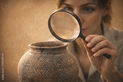 Woman examining ancient pottery with magnifying glass in archaeological study for research