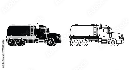 Black and white illustration of two identical fuel or water tanker trucks