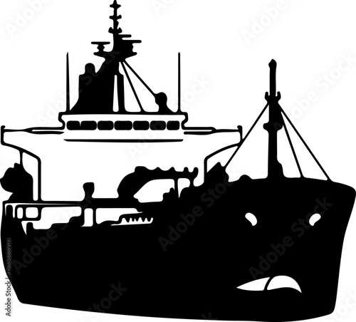 Silhouette of a large cargo ship navigating the open seas, representing global trade and maritime transport