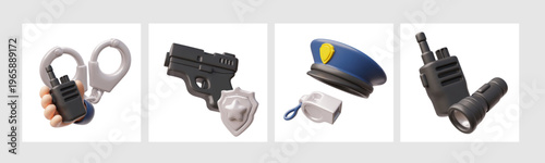 A set of square posters featuring police equipment and accessories, on a white background.