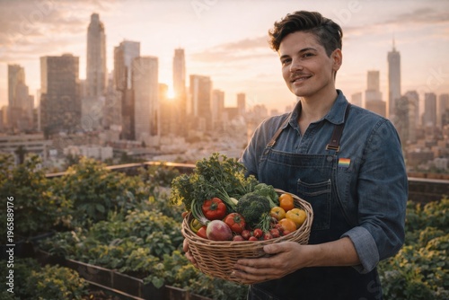 Person holding basket of fresh vegetables in urban rooftop garden at sunset