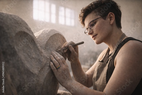 Female sculptor carving stone sculpture in artistic studio creating unique artwork