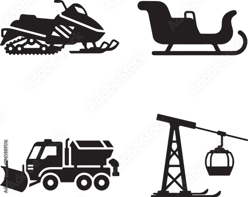 collection of winter transportation silhouettes including sled snowmobile kick scooter and wagon isolated on white background vector illustration design