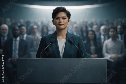 Confident woman speaking at podium in front of audience during presentation