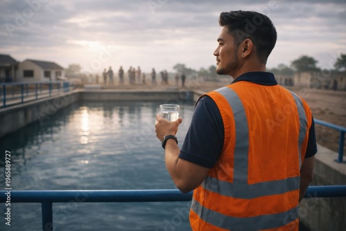 Man in safety vest holding glass of water at water treatment facility observing sunset