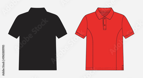 Two polo shirts one black and one red displayed as apparel mockups