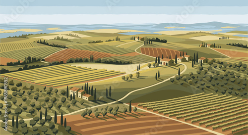 Stylized rolling hills with vineyards, orchards, and rural homes under a hazy sky