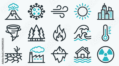 Environmental Disasters and Climate Change Icon Set