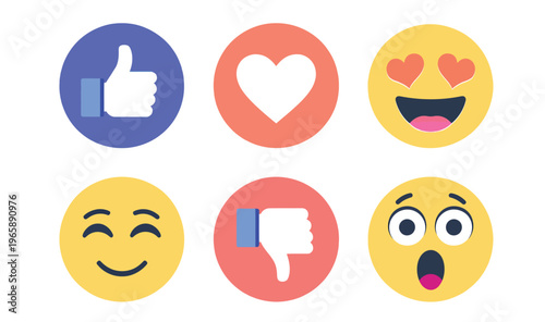 social media emoji icons pack, like love dislike laugh cry sad wow heart eyes expressions, user reaction and feedback symbols, messaging and chat communication concept, simple modern vector 