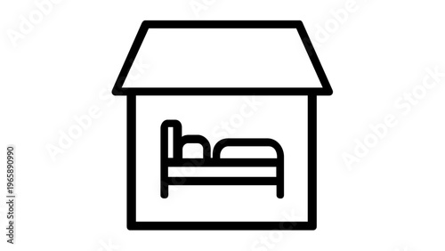 Minimalist black and white vector icon illustration of a house with a bed inside, symbolizing hotel accommodation, hostel lodging, or guest house stay for travel and hospitality website design.