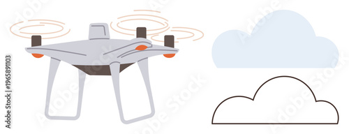 Technology, aerial photography, transportation, innovation, flying devices, delivery services. A quadcopter with spinning propellers next to outlined and filled clouds. Technology and aerial