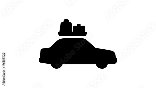 Minimalist black silhouette vector illustration of a sedan car with suitcases on a roof rack, perfect for travel, road trip, vacation, and transportation concepts, isolated on white background.