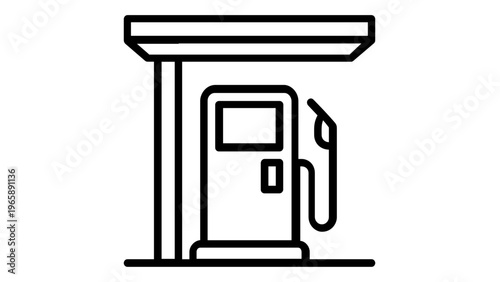 Minimalist gas station pump vector icon illustration featuring a fuel dispenser under a canopy. Perfect for travel, transportation, automotive, and energy industry design. Scalable flat line art.
