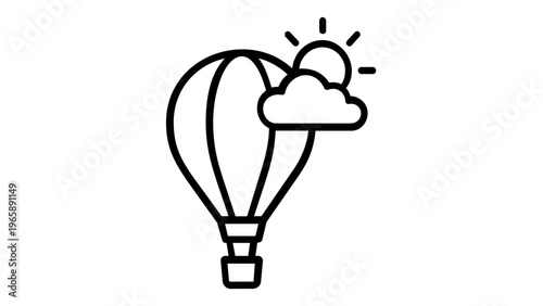Minimalist vector icon illustration of a hot air balloon flying in a sunny sky with a cloud, perfect for travel, adventure, and weather-themed designs, scalable flat line art graphic element.