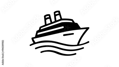 Minimalist vector icon of a cruise ship sailing on ocean waves. This flat black and white illustration of a luxury liner is perfect for travel, maritime, and vacation-themed graphic design.