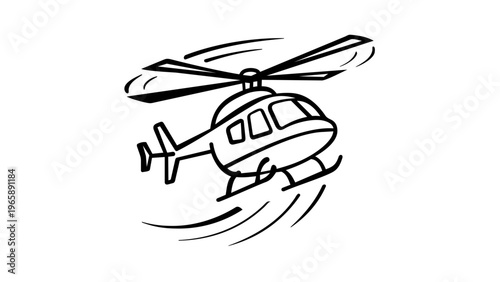 Hand-drawn doodle illustration of a flying helicopter, minimalist vector icon for travel and transportation concepts, scalable black line art sketch of a chopper in flight on white background.