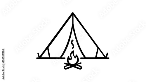 Minimalist camping tent and campfire vector icon illustration. Simple black line art of a teepee style shelter with a burning fire, ideal for outdoor adventure, travel, and nature-themed designs.